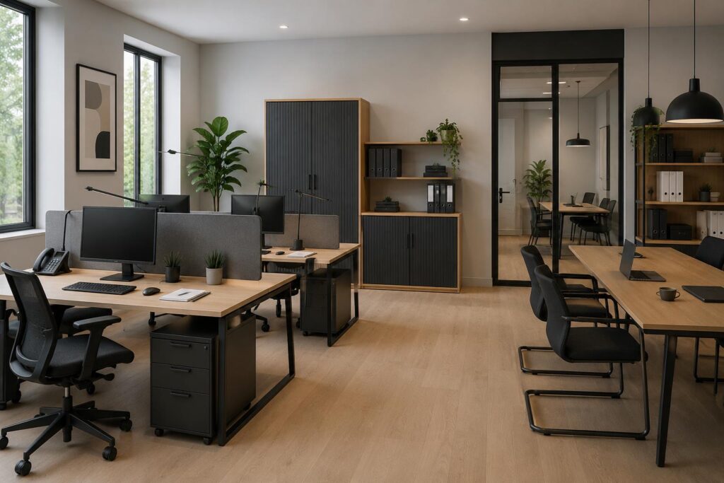 Kantoor met tweedehands bureaustoelen in verschillende kleuren, geschikt voor ergonomisch en voordelig werken