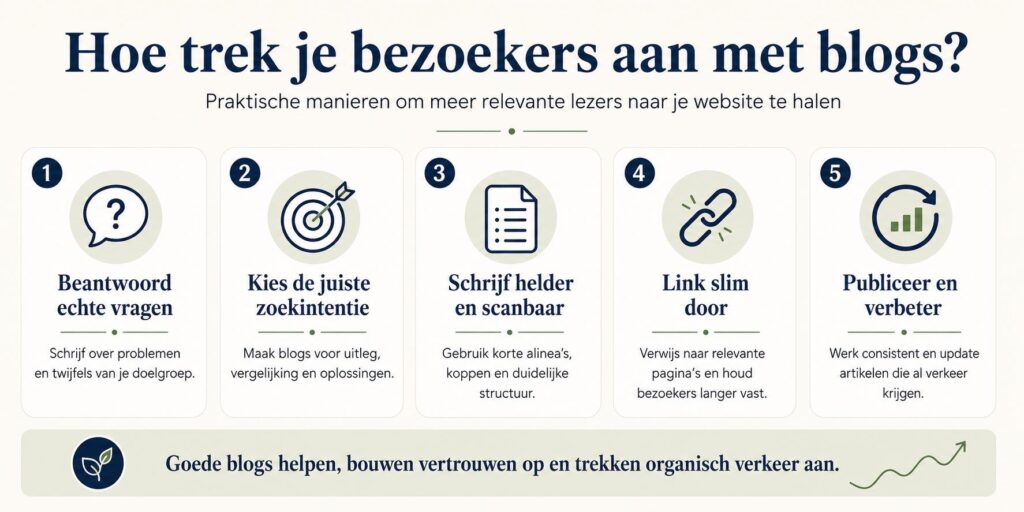 Visualisatie van hoe blogs bezoekers aantrekken door antwoord te geven op vragen van de doelgroep in zoekmachines